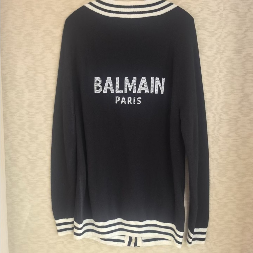 🚩steal Authentic Balmain Black Cardigan with White Accents - Picture 3 of 7